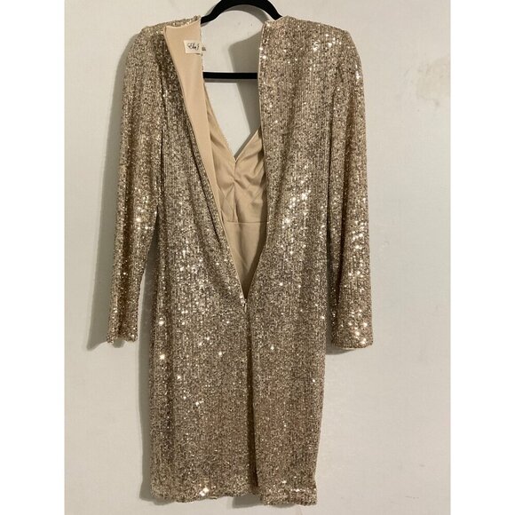 Eliza J Dress Long Sleeve V-Neck Diamond Panel Sequin Cocktail Dress Gold size 8 - Picture 4 of 11